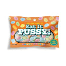 Little Genie Eat It Pussy Candy 3 Oz Bag with colorful vagina-shaped candies in playful packaging.