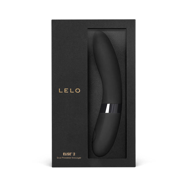LELO Elise 2 Dual Powered Massager Black in elegant black packaging showcasing its sleek design and luxurious appearance.