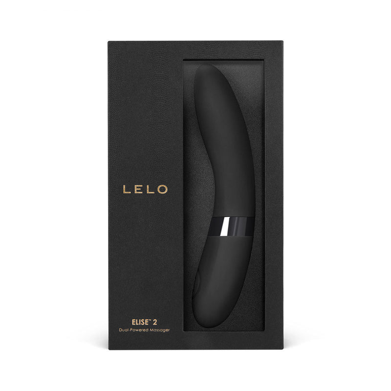LELO Elise 2 Dual Powered Massager Black in elegant black packaging showcasing its sleek design and luxurious appearance.