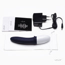 LELO BILLY 2 Prostate Massager Deep Blue with charger, instructional manuals, and storage pouch.