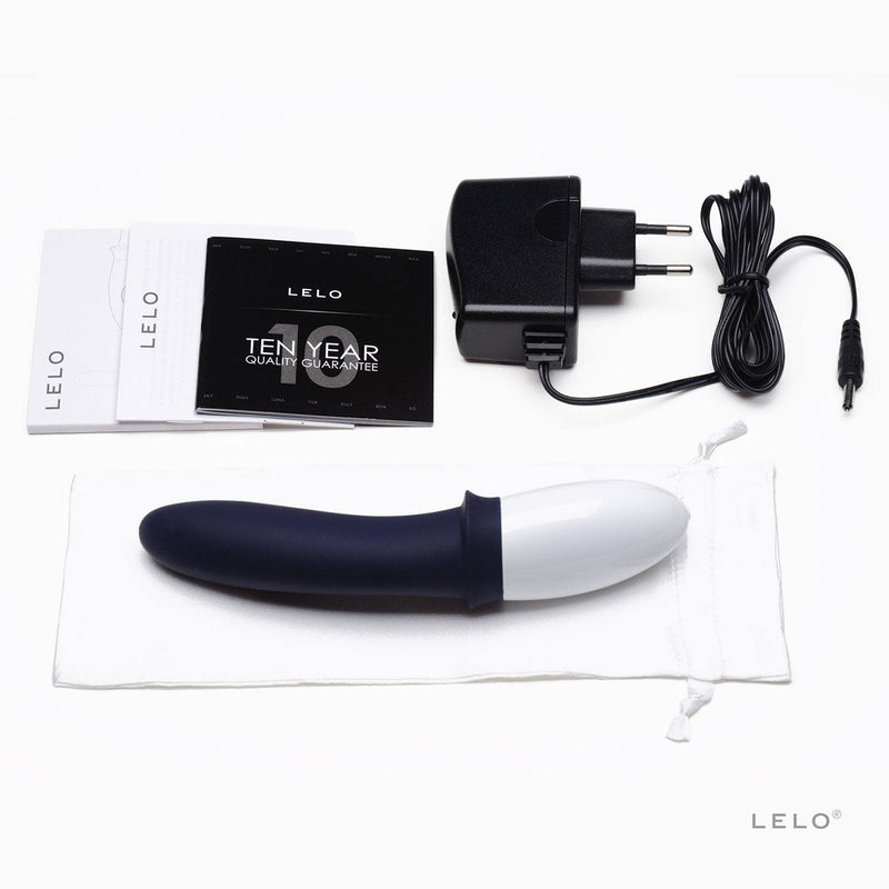 LELO BILLY 2 Prostate Massager Deep Blue with charger, instructional manuals, and storage pouch.