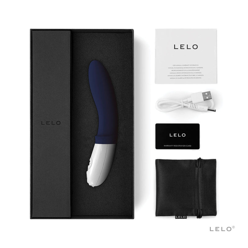 LELO BILLY 2 Prostate Massager Deep Blue in elegant packaging with accessories including USB charger and care card.