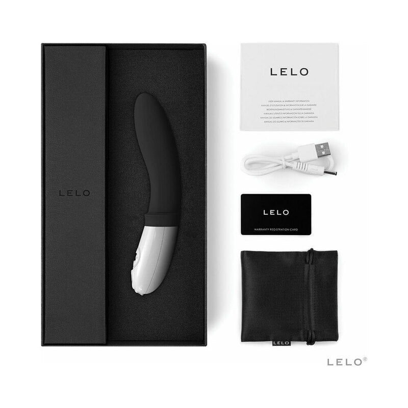 LELO BILLY 2 Black Prostate Massager in elegant packaging with accessories including USB charger and instructions.
