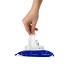 Dame Body Wipes 12 Count Aloe and Cucumber, hand pulling a wipe from the package, gentle and refreshing.