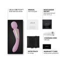Lelo Switch Double-sided Wand Vibrator Soft Pink package contents including vibrator, manual, lubricant, and accessories.