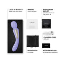 Lelo Switch Double-sided Wand Vibrator Lilac packaging with accessories including manual, lubricant, and charging cord.
