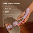 Lelo Switch Double-sided Wand Vibrator Lilac shown with useful information on charging, travel lock, and waterproof features.