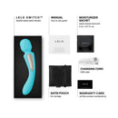 Lelo Switch Double-sided Wand Vibrator Aqua with accessories including manual, moisturizer sachet, charging cord, satin pouch, warranty card.