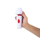 Adam & Eve Mini Magic Massager White held in hand, showcasing its compact design and easy-to-use features.