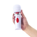 Adam & Eve Mini Magic Massager White held in hand, featuring compact design and multiple vibration modes.