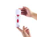 Adam & Eve Mini Magic Massager White held in hand demonstrating its compact design and user-friendly features.