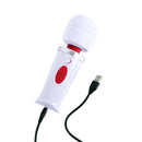Adam & Eve Mini Magic Massager White with USB charging cable and control button for deep, handheld vibrations.