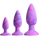 Adam & Eve Groovy Booty Silicone Anal Trainer Set with three graduated plugs in pink and purple silicone.