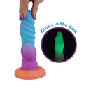 Camtoyz Splash Dildo Nova Silicone Multi-Color in blue, purple, and orange glows in the dark, showcasing a tentacle design.