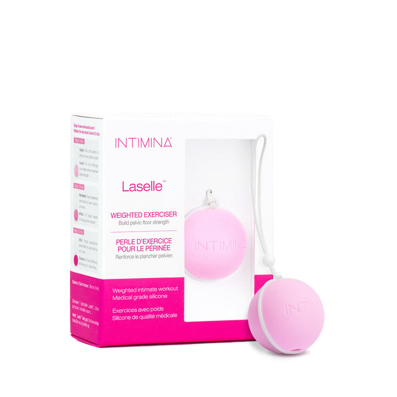 Intimina LASELLE Small 28 g Weighted Kegel Exerciser packaging with product details and pink weights.