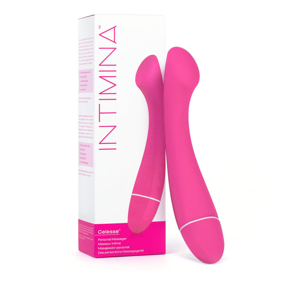Intimina CELESSE Personal Massager Pink beside its packaging, designed for targeted internal stimulation.
