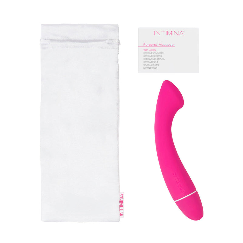 Intimina CELESSE Personal Massager Pink with storage pouch and information card, designed for targeted internal stimulation.