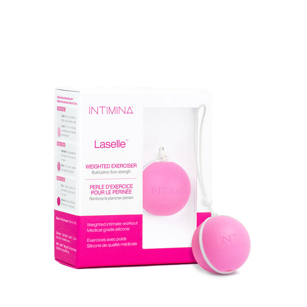 Intimina LASELLE Medium 38 g Weighted Kegel Exerciser package with pink weighted ball.