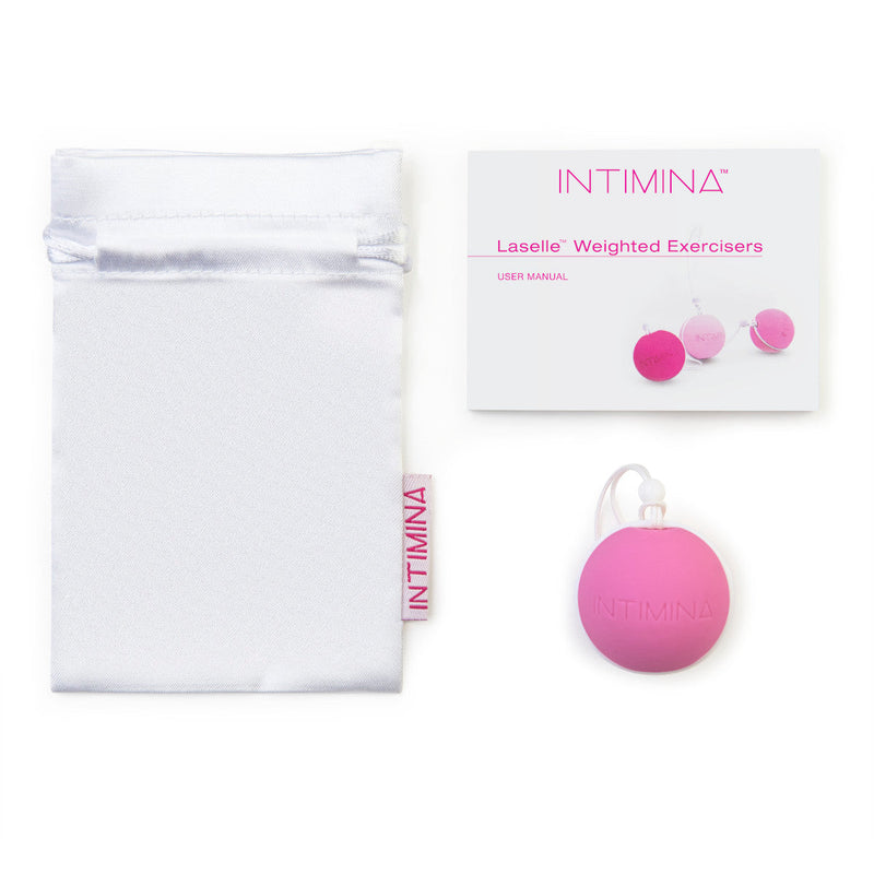 Intimina LASELLE Medium 38 g Weighted Kegel Exerciser with pouch and user manual.