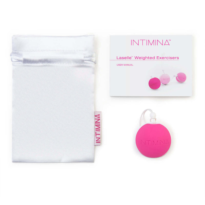 Intimina LASELLE Large 48 g Weighted Kegel Exerciser with pouch and user manual.