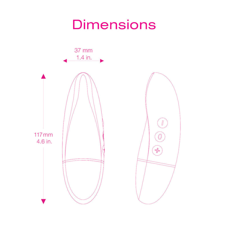 Dimensions of the Intimina KIRI Personal Massager, showing size in mm and inches for precise use.
