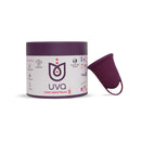 Uva Cup B Reusable Silicone Menstrual Cup Set in purple packaging with menstrual cup displayed.