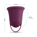 Uva Cup B Reusable Silicone Menstrual Cup Set dimensions and capacity infographic, showing size and volume details.