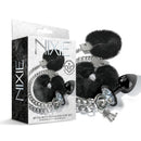 NIXIE Metal Butt Plug & Furry Handcuff Set Black featuring metal butt plug, furry cuffs, and sparkly design.