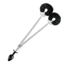 NIXIE Metal Butt Plug & Furry Handcuff Set Black with faux fur cuffs and shiny black jewel butt plug.