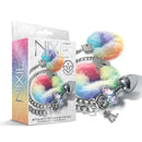 NIXIE Metal Butt Plug & Furry Handcuff Set Unicorn packaging with colorful cuffs and sparkly butt plug.