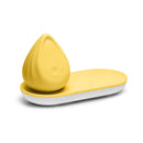 Biird Evii Vibrator Yuzu Yellow on a smooth white base, featuring a soft silicone design and elegant shape.