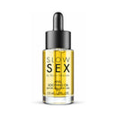 Slow Sex Anal Soothing Oil Before And After Care bottle by Bijoux Indiscrets with dropper in focus.