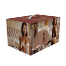 Xkin Nina Vale Dual Entry Vibrating Masturbator Tan product packaging featuring lifelike design and ergonomic shape.