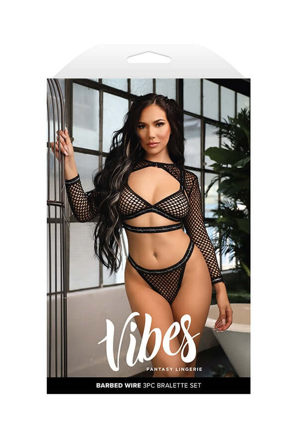 VIBES Barbed Wire 3PC Net Bralette Set L/XL - Fishnet Bralette, Long Sleeve Shrug, and Panty for an edgy lingerie look.