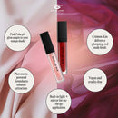 Eye of Love Matchmaker Crimson Kiss Pheromone Lip Gloss and Pink Pulse gloss on a colorful background with benefits listed.