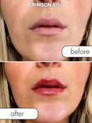 Before and after image of lips applying Eye of Love Matchmaker Crimson Kiss Pheromone Lip Gloss.