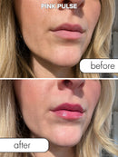 Before and after using Eye of Love Matchmaker Pink Pulse Pheromone pH Lip Stain, showing color-changing effect.