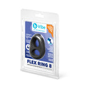 b-Vibe Flex Ring 8 Silicone Cock and Ball Ring Black in packaging with details on features and compatibility.