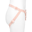 Together Toy Nudefit Adjustable Strap-on Harness Vanilla shown on a mannequin, highlighting its adjustable straps and soft material.