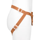 Together Toy Nudefit Adjustable Strap-on Harness Caramel displayed on a mannequin, highlighting its adjustable straps and design.