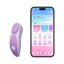 Lovense Ferri Reserve App Control Panty Vibrator Purple next to smartphone app for remote control.