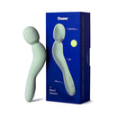 Dame Com Rechargeable Wand Vibrator Sage in soft green packaging showing features and design.