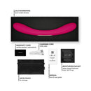 Lelo Boomerang Double Ended Vibrator Cerise in packaging with accessories including charger, manual, and warranty card.