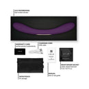 Lelo Boomerang Double Ended Vibrator Plum in packaging with accessories including charging cord and pouch.