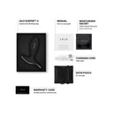 Lelo Surfer 2 App Controlled Vibrating Anal Plug Black packaging with accessories including manual, lubricant, and pouch.