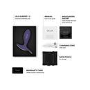 Lelo Surfer 2 Vibrating Anal Plug Cyber Purple with accessories on display, including charging cord and lubricant sachet.