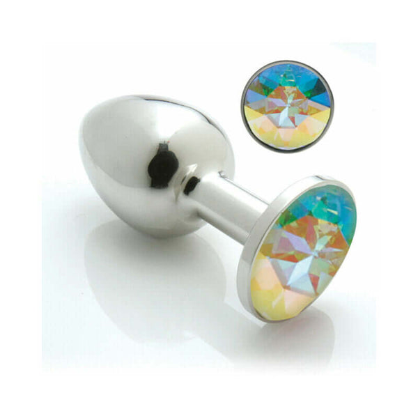 Pretty Plug Medium Aurora Borealis anal toy featuring a stainless steel body and a Swarovski crystal gem.