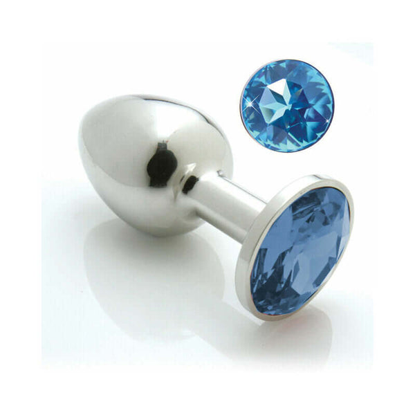 Pretty Plug Large Blue Anal Toy with a sparkling blue gem and stainless steel finish.