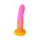 Adam & Eve Charmed Liquid Silicone G-Spot Dildo in pink and orange ombre with a curved tip for G-spot stimulation.