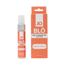 Jo Blo Mango Peach 1 Oz Oral Pleasure Gel bottle and box set with vibrant packaging.